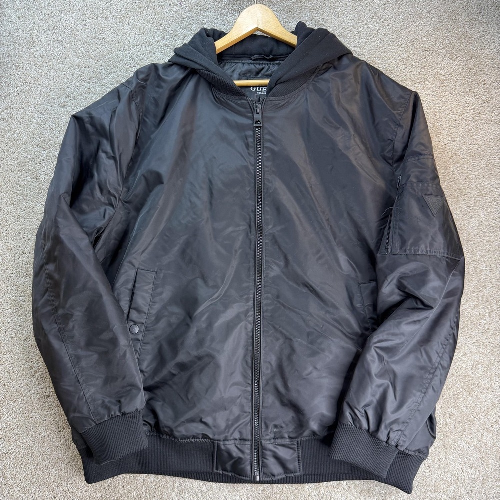 Guess Jacket Mens 3XLT Black Hooded Bomber Full Zip Winter Insulated Casual